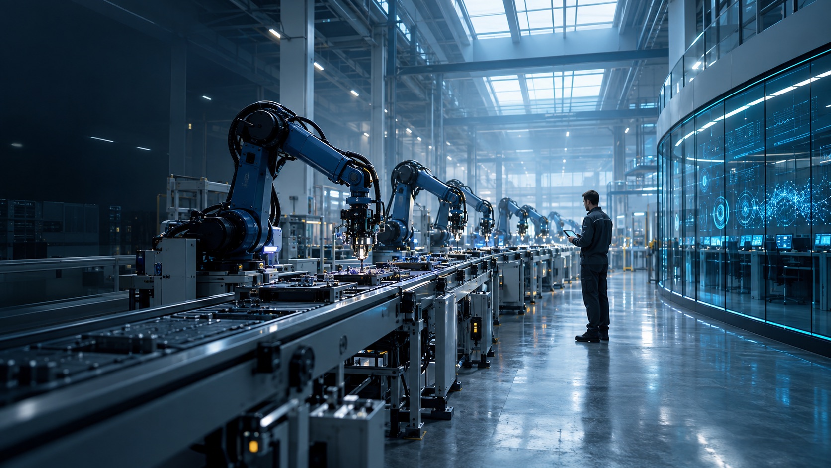 Automated factory line with industrial control displays