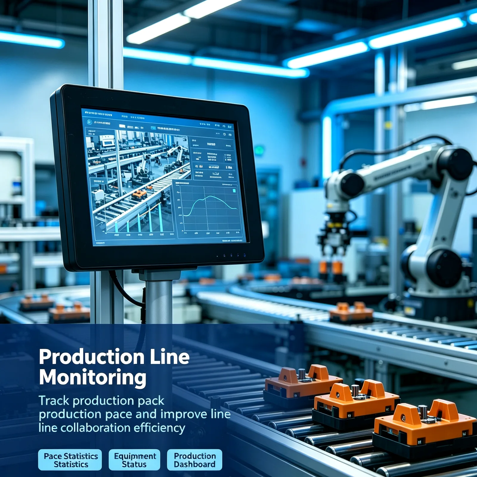 Industrial panel PC monitoring a smart factory production line